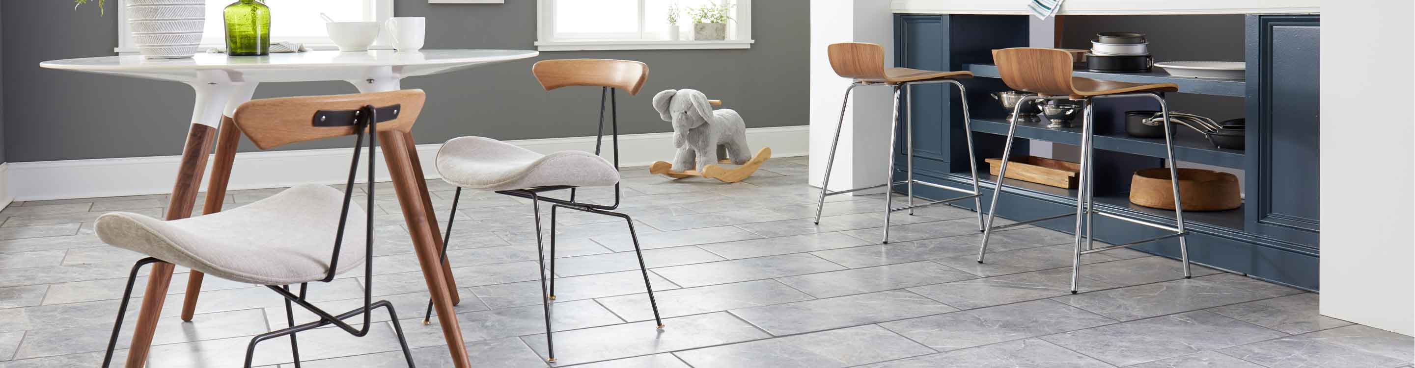 gray marble tile in modern kitchen with blue accents